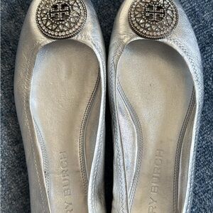 Tory Burch Silver Flats with Medallion Detail